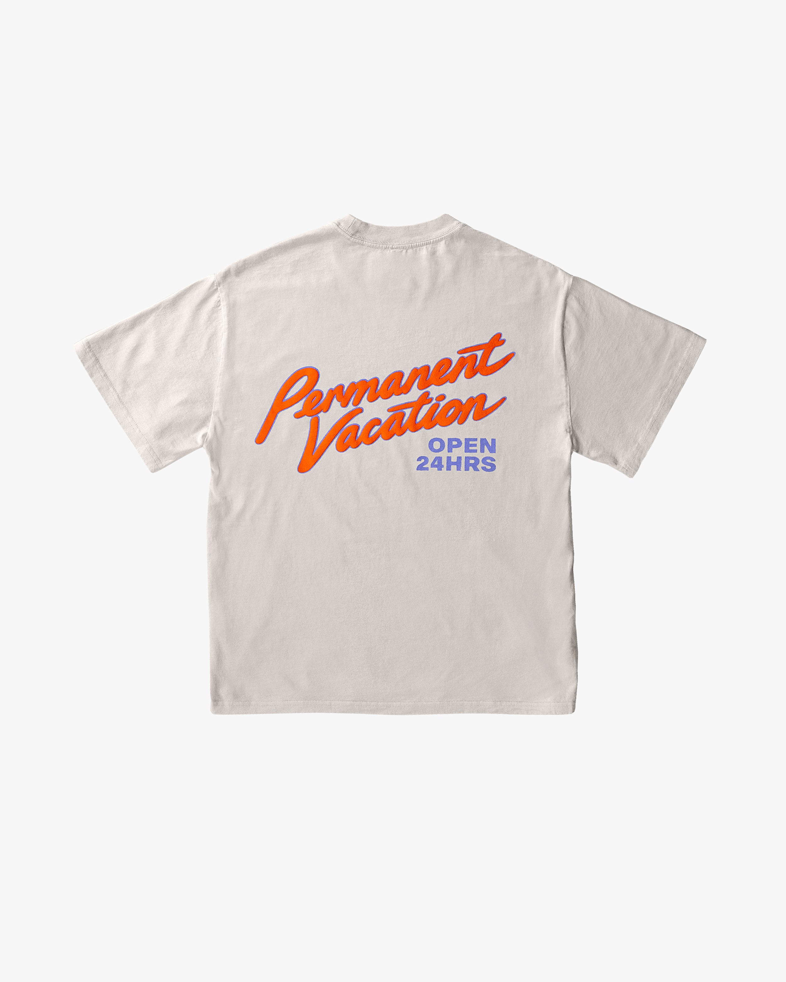 Malibu Open 24Hrs Bone t-shirt with Permanent Vacation puff print on the back